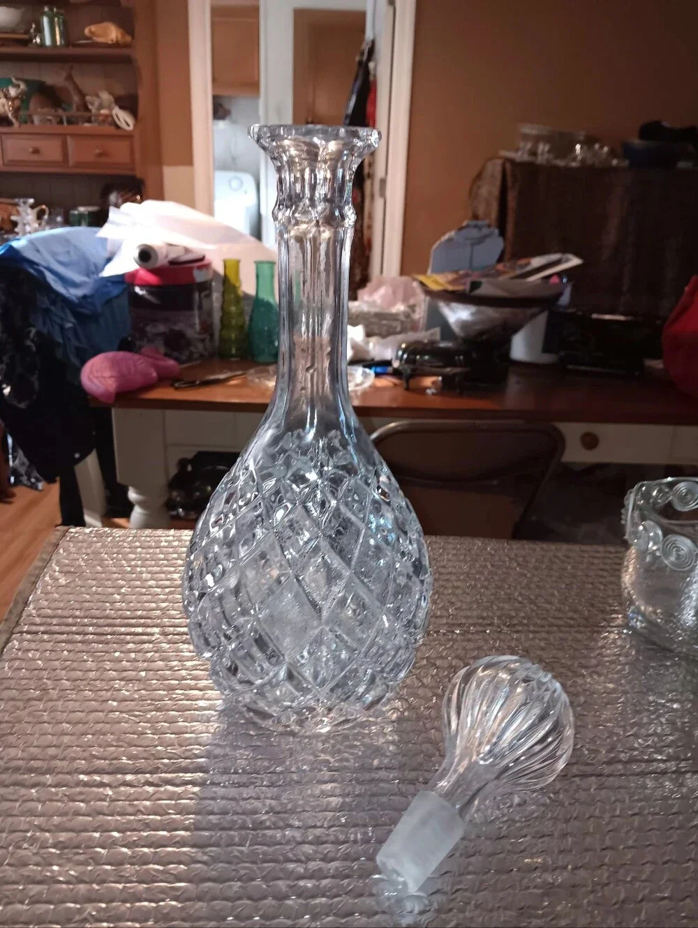 Vintage Cut Diamond Glass Decanter Original Stopper With Starburst Design